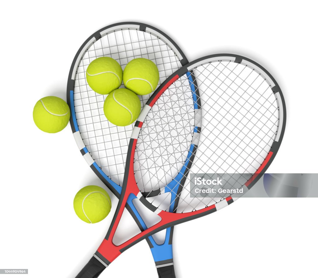 3d rendering of two tennis racquets of different colors with balls over them. 3d rendering of two tennis racquets of different colors with balls over them. Tennis competitors. Win or lose. Sport achievements. Tennis Stock Photo