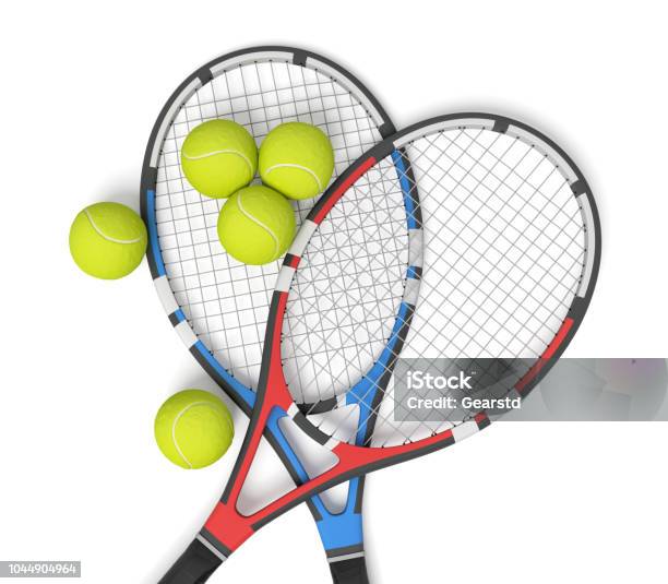 3d Rendering Of Two Tennis Racquets Of Different Colors With Balls Over Them Stock Photo - Download Image Now