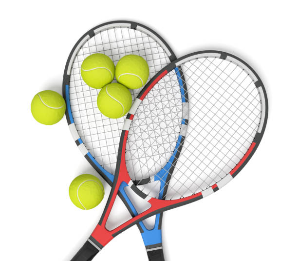 3d rendering of two tennis racquets of different colors with balls over them. - tennis equipment imagens e fotografias de stock