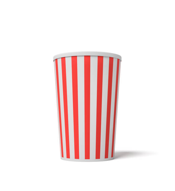 istock 3d rendering of a small popcorn bucket with red and white stripes standing completely empty on a white background. 1044905066