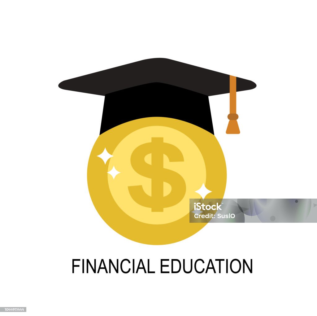financial literacy in people a shiny gold coin in a black graduate hat with a tassel Financial Literacy stock vector