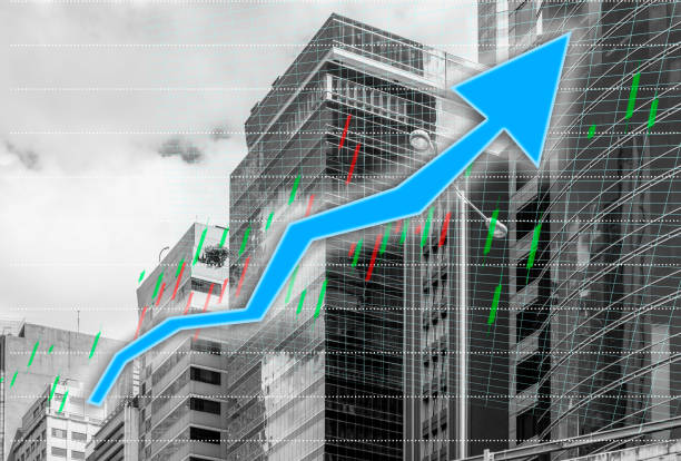 Hong Kong Office buildings with graph index of stock Market (blue bull chart)