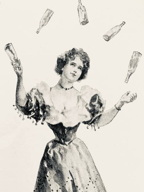 ilustrações, clipart, desenhos animados e ícones de jovem mulher fazer malabarismos com garrafas - women history engraving engraved image