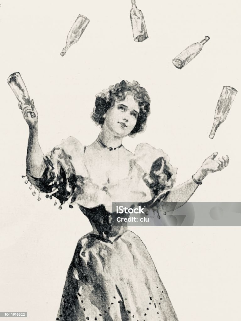 Young woman juggling bottles Illustration from 19th century Retro Style stock illustration