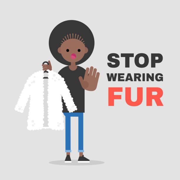 Stop wearing fur. Vegetarian campaign against the fur industry. Eco friendly behaviour. Ban. Protect the animals. Flat editable vector illustration, clip art Stop wearing fur. Vegetarian campaign against the fur industry. Eco friendly behaviour. Ban. Protect the animals. Flat editable vector illustration, clip art fur protest stock illustrations