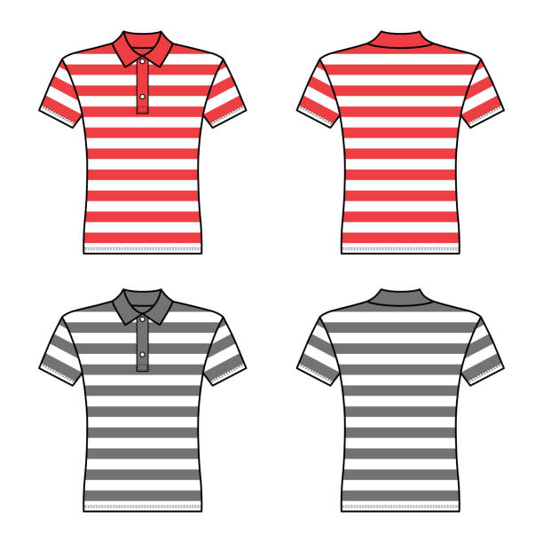 ilustraciones, imágenes clip art, dibujos animados e iconos de stock de polo a rayas plantilla de hombre de camisa de t (frente, espaldas views) - striped shirt