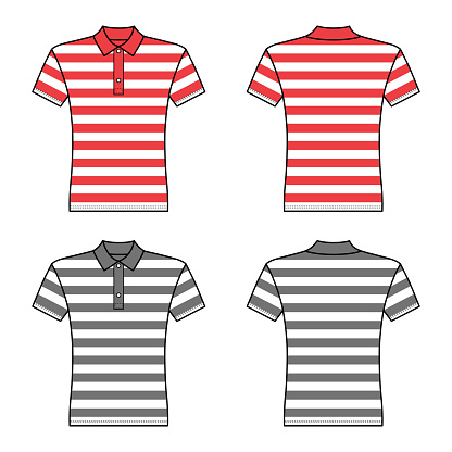 Polo striped t shirt man template (front, back views), vector illustration isolated on white background