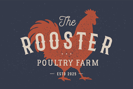 Rooster, poultry. Vintage label, retro print, poster for Butchery meat shop with text typography Rooster, Poultry Farm, rooster silhouette. Label template rooster, hen, chicken. Vector Illustration