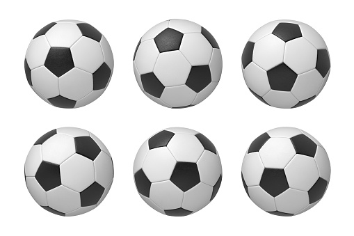 3d rendering of six football balls shown in different angles isolated on a white background. Football and soccer. Ball game. Leather ball.