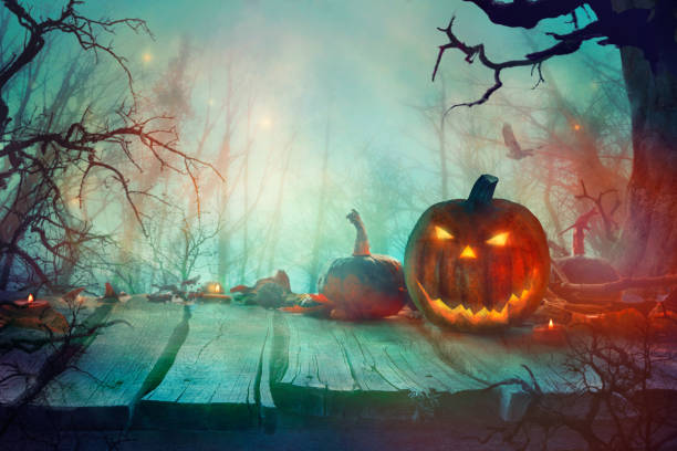 istock Halloween  with Pumpkin and Dark Forest. Scary Halloween Design 1044929648
