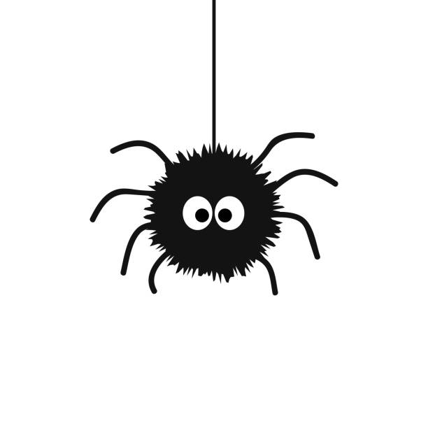 Cute black spider with big eyes hanging on spiderweb vector art illustration