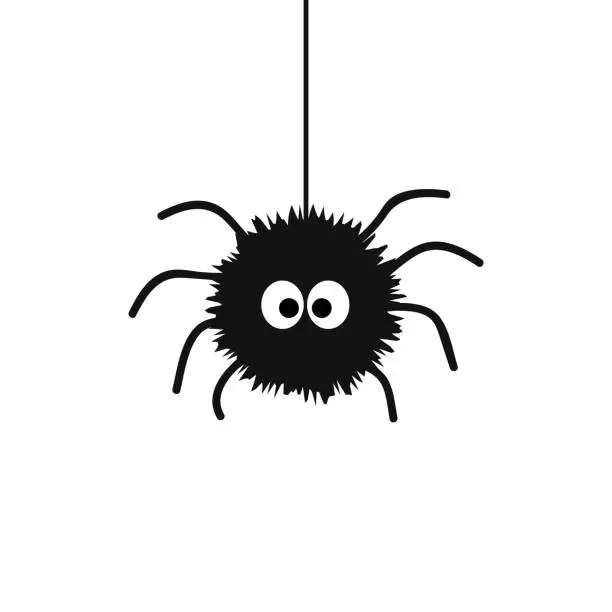 Vector illustration of Cute black spider with big eyes hanging on spiderweb