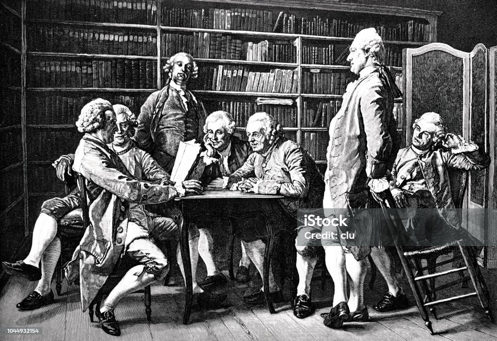 Group of men discussing in the library of Denis Diderot Illustration from 19th century Denis Diderot stock illustration