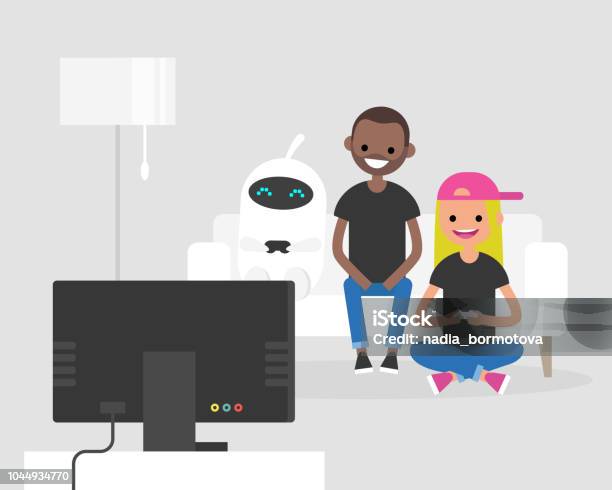 Laughing Millennials Playing Video Games On Tv With A Robot Leisure Friends Having Fun Flat Editable Vector Illustration Clip Art Stock Illustration - Download Image Now