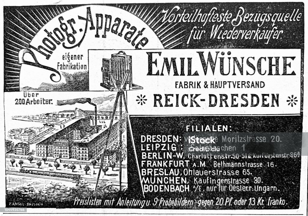 Camera ad of 1898  - Emil Wünsche factory Illustration from 19th century Archival stock illustration