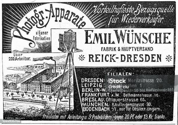 Camera Ad Of 1898 Emil Wünsche Factory Stock Illustration - Download Image Now - Archival, Old-fashioned, Retro Style