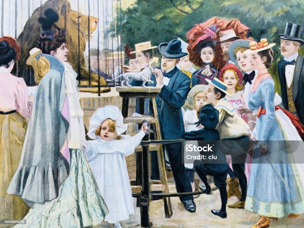 Artist  in the zoo surrounded by many spectators Illustration from 19th century Women stock illustration