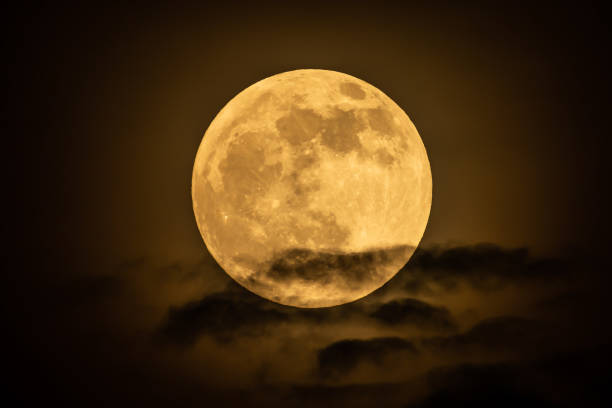 満月の夜に満月は黄色です。いくつかの雲が浮かんでいます。 - full moon ストックフォトと画像
