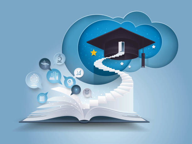 Open book with stair to graduation cap, The door with graduation Hat on top of Staircase, Bubble talk with Education icon Open book with stair to graduation cap, The door with graduation Hat on top of Staircase, Bubble talk with Education icon, diploma, success, study, Evolution, College, Learning, University Education concepts, Paper art vector and illustration. education concept stock illustrations