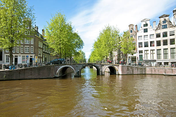 Brick bridge crossing a canal in amsterdam, netherlands, surrounded by traditional buildings and bare trees in winter