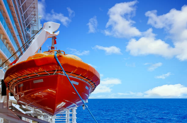 istock Orange Lifeboat Hanging From Harness Over Deep Blue Sea 1044964964