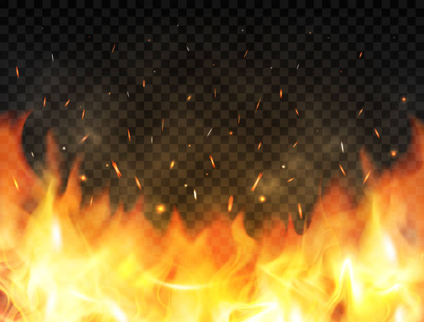 Realistic flames on transparent background. Fire background with flames, red fire sparks flying up, glowing particles and smoke. Burning flames. Bonfire, campfire or fireplace concept. Vector illustration Realistic flames on transparent background. Fire background with flames, red fire sparks flying up, glowing particles and smoke. Burning flames. Bonfire, campfire or fireplace concept. Vector illustration. flame silhouettes stock illustrations
