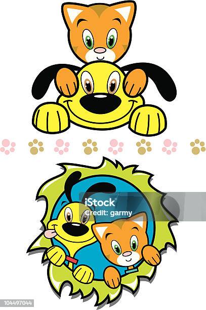 Brincalhão Amarelo De Cachorrinho Fofo Laranja Kitty Amigos - Arte vetorial de stock e mais imagens de Amarelo