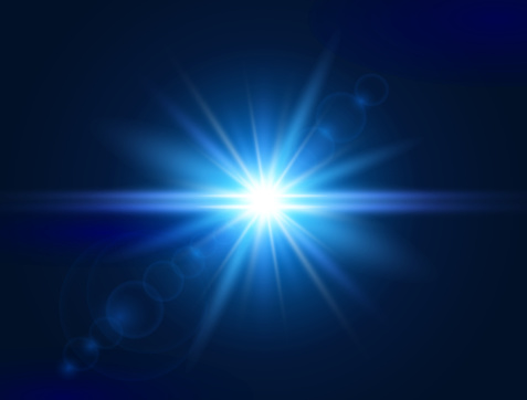 Glowing light effect. Blue lens flare. Glare light. Explosion star. Flash with rays and spotlight. Vector illustration.