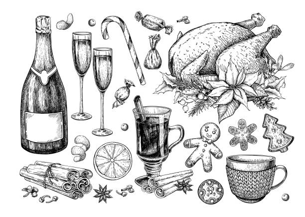 traditionelle weihnachts-essen und trinken eingestellt. urlaub behandelt vektor-zeichenprogramm. neue jahr festliche süßigkeiten. glühwein wein, türkei - christmas food dinner turkey stock-grafiken, -clipart, -cartoons und -symbole