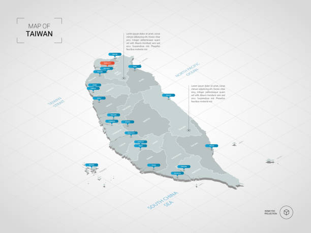 Isometric Taiwan map with city names and administrative divisions. Isometric  3D Taiwan map. Stylized vector map illustration with cities, borders, capital, administrative divisions and pointer marks; gradient background with grid. taiwan stock illustrations