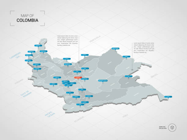 Isometric Colombia map with city names and administrative divisions. Isometric  3D Colombia map. Stylized vector map illustration with cities, borders, capital, administrative divisions and pointer marks; gradient background with grid. colombia stock illustrations