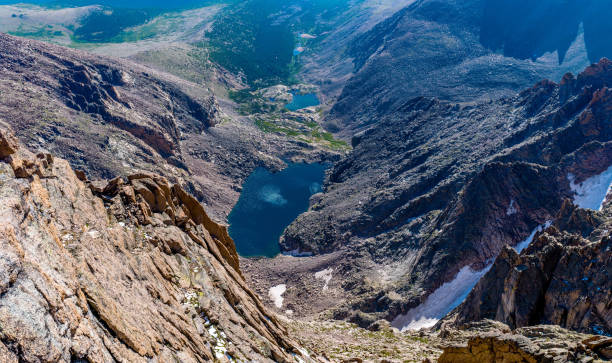 Chasm Lake - Summer morning overview of Chasm Lake, from summit of Longs Peak, Rocky Mountain National Park, Colorado, USA. Summer morning overview of Chasm Lake, from summit of Longs Peak, Rocky Mountain National Park, Colorado, USA. colorado rocky mountain national park lake mountain stock pictures, royalty-free photos & images