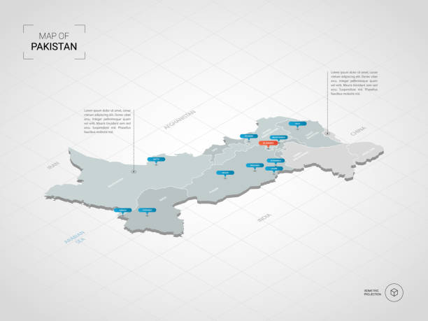 illustrazioni stock, clip art, cartoni animati e icone di tendenza di mappa isometrica del pakistan con nomi di città e divisioni amministrative. - pakistan