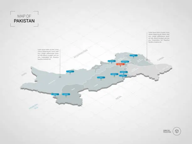 Vector illustration of Isometric Pakistan map with city names and administrative divisions.