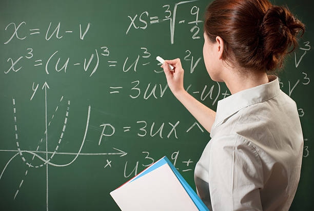 At the blackboard girl writing the mathematical formulas on a chalkboard parabola stock pictures, royalty-free photos & images