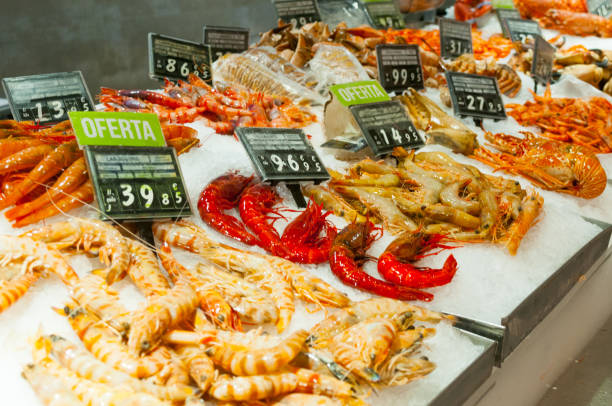 istock Frozen shrimps closeup at market stall 1044980444