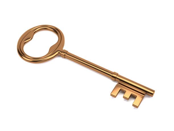 istock metal key on white background - gold - 3d illustration - rendering 1044980478