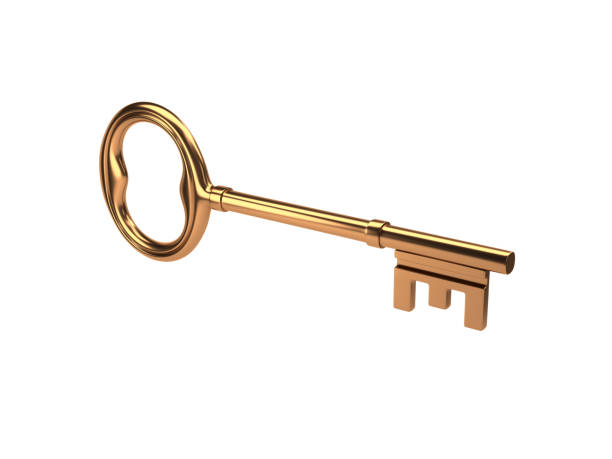 istock metal key on white background - gold - 3d illustration - rendering 1044980484