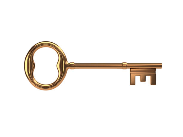istock metal key on white background - gold - 3d illustration - rendering 1044980490