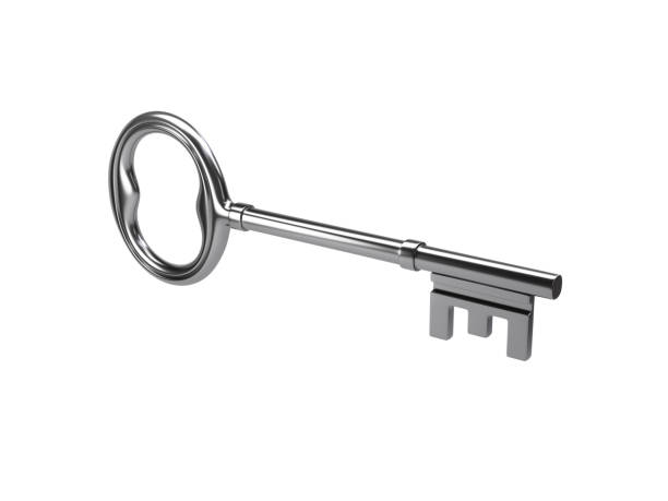istock metal key on a white background - 3d illustration - rendering 1044980492
