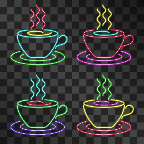 Vector illustration of Neon coffee cup and saucer shape vector frame, illuminating signboard isolated on transparent background. Glowing restaurant symbols. Hazy light signboard. Decorative vintage night bar style icon set.