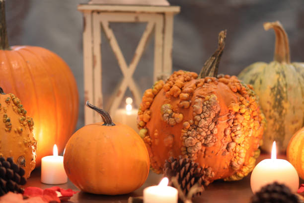 istock Halloween, autumn scene with pumpkins and candles. 1045002330