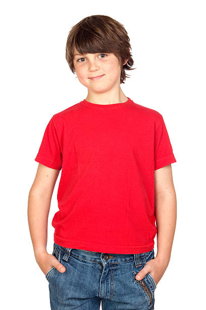 Funny freckled boy with red shirt Funny freckled boy isolated on white background hands in pockets stock pictures, royalty-free photos & images