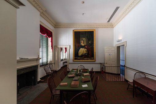Philadelphia, USA - July 18, 2018: Assembly room of Independence Hall (c. 1753). The centerpiece of the Independence National Historical Park in Philadelphia - Independence hall is the building where the Declaration of Independence and the US Constitution were debated and adopted.