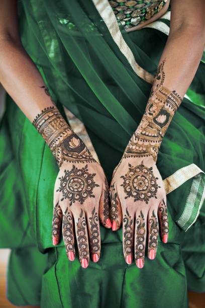 istock Indian bride showing menhdi (henna) tattoo on back hand, Close-up 1045026982