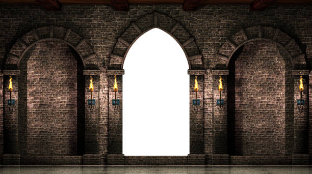 arcs et porte isolée - inside of indoors castle column photos et images de collection