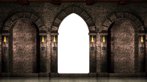 Arches and gate isolated Medieval castle arches and gate isolated on white background.3d illustration. turret arch stock pictures, royalty-free photos & images