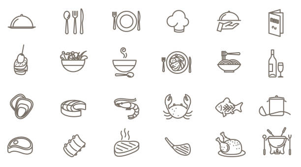 ilustraciones, imágenes clip art, dibujos animados e iconos de stock de conjunto de iconos de vector de restaurante - cena ilustraciones