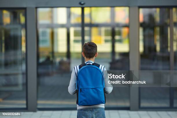 Schoolboy Stands In Front Of The School Door Stock Photo - Download Image Now - School Building, Education, Child