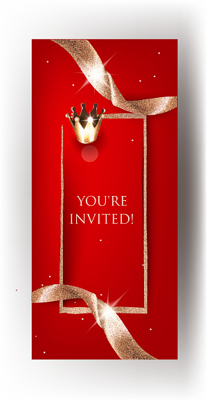 Red invitation card with beautiful textured ribbons and golden frame. Vector illustration